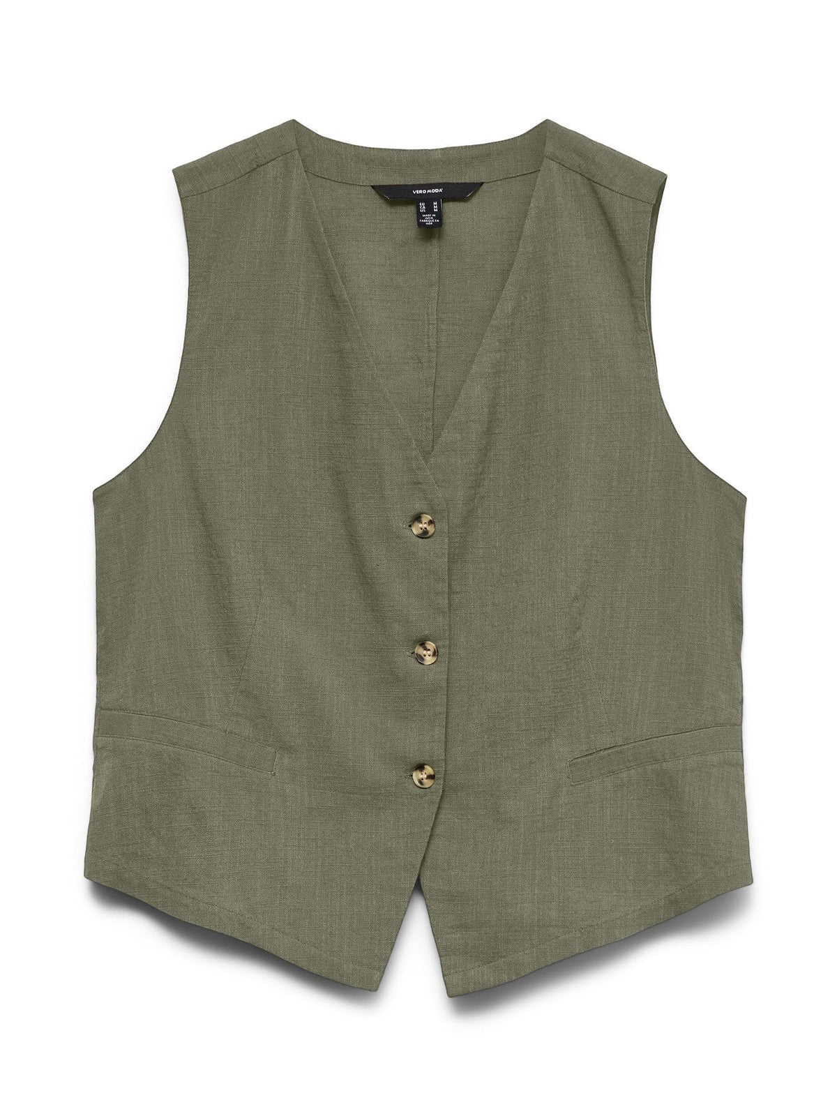 Antique Rose Boutique Vero Moda CAIA deep lichen green sleeveless waistcoat in a cotton and linen blend
