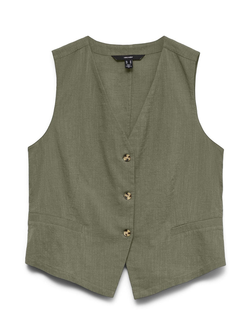 Antique Rose Boutique Vero Moda CAIA deep lichen green sleeveless waistcoat in a cotton and linen blend