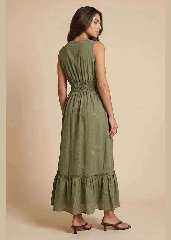 Antique Rose Boutique khaki maxi dress with intricate embroidery, tassel details, and a flowy tiered skirt