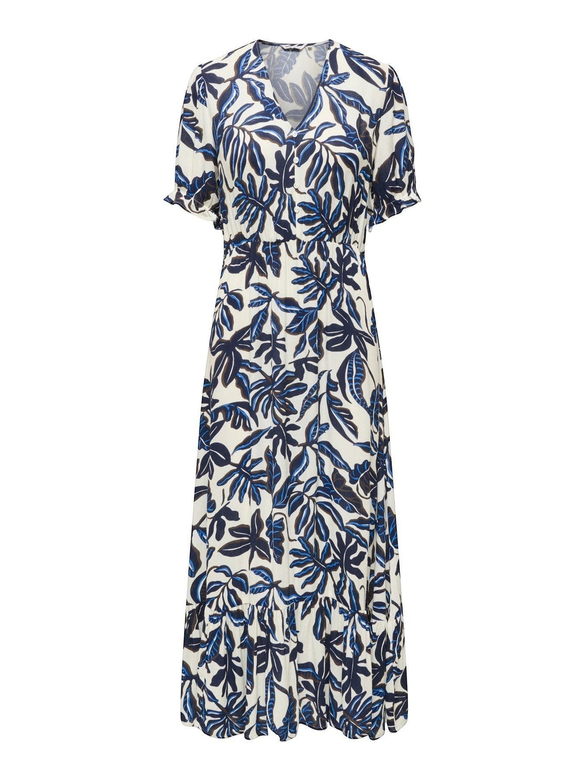 Antique Rose Boutique cream and navy leaf print maxi dress with V-neck, short sleeves, and elasticated waist.