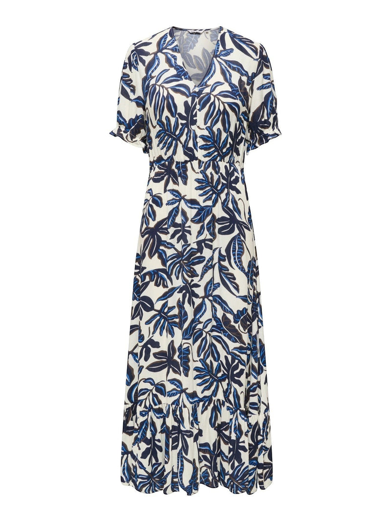 Antique Rose Boutique cream and navy leaf print maxi dress with V-neck, short sleeves, and elasticated waist.