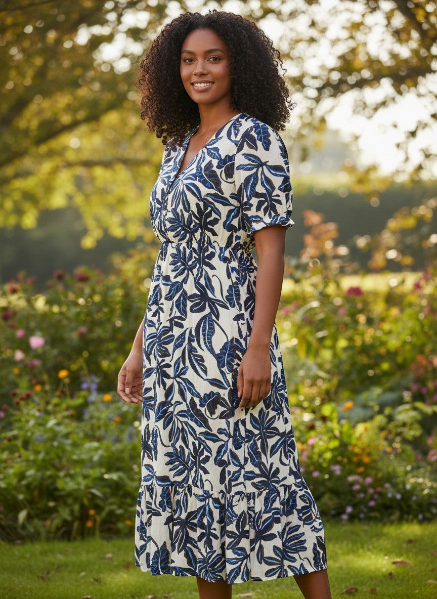 Antique Rose Boutique cream and navy leaf print maxi dress with short sleeves and elasticated waist in a garden.
