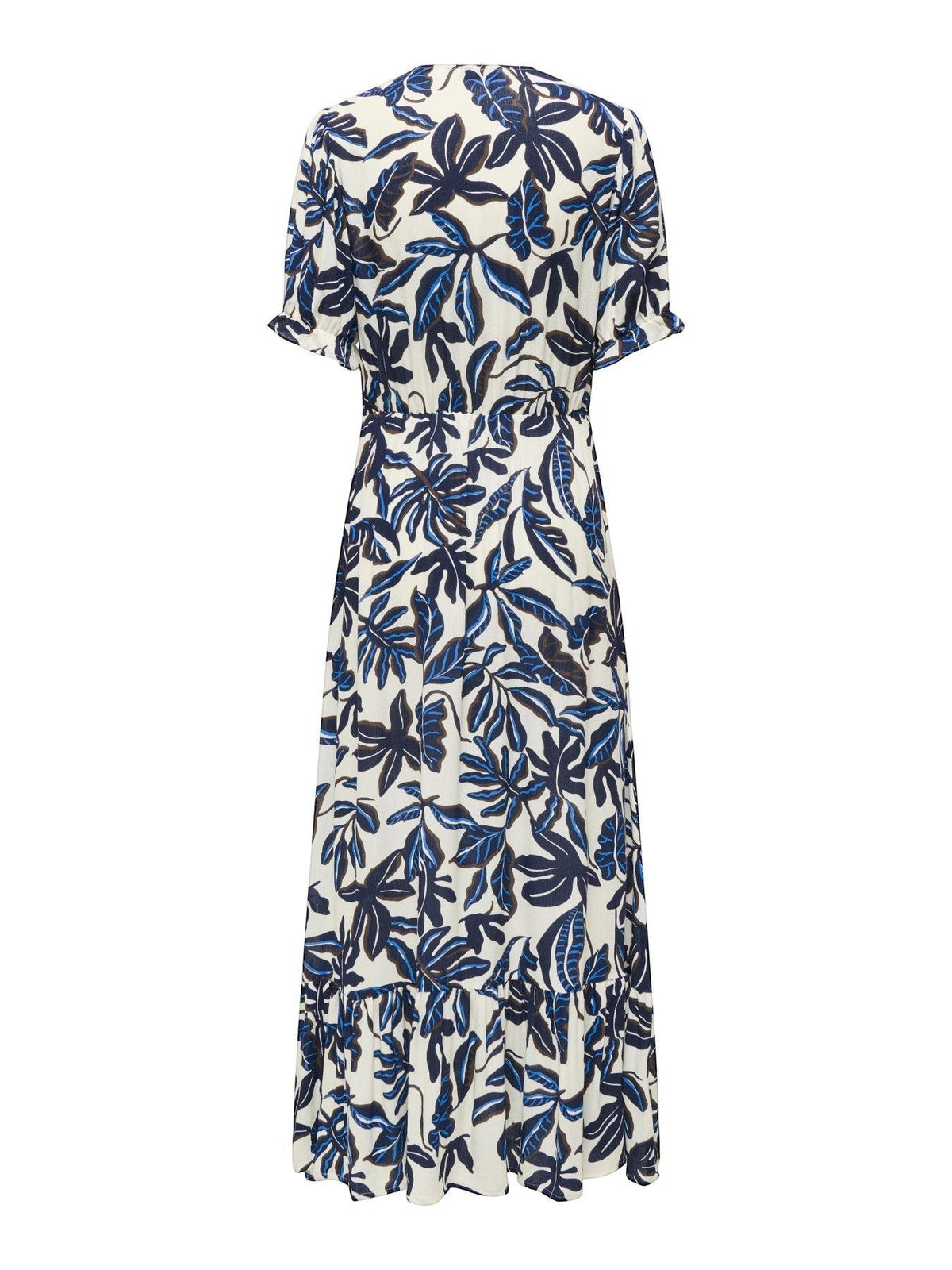 Antique Rose Boutique cream and navy leaf print maxi dress with short sleeves and elasticated cuffs, back view.