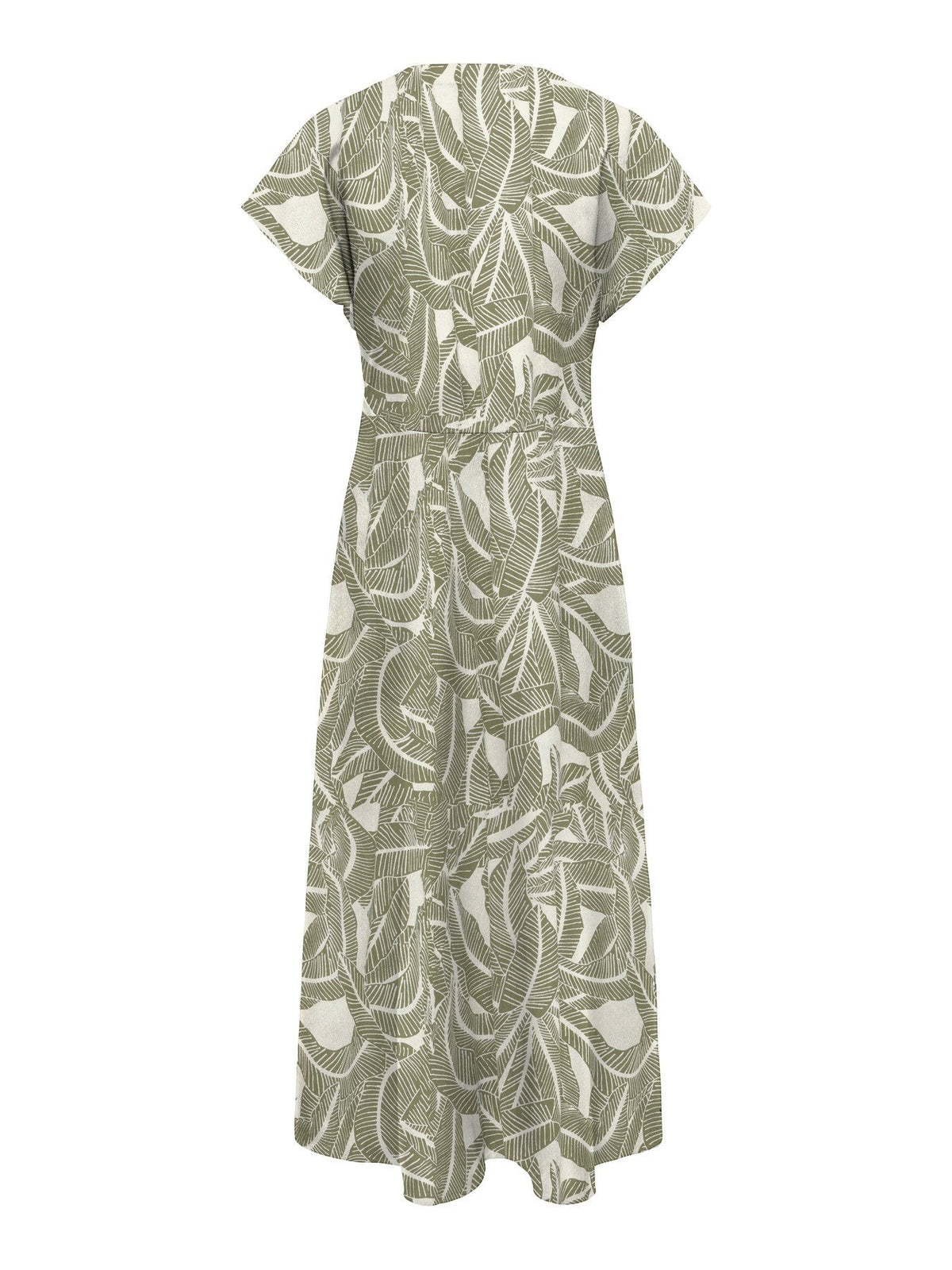 Antique Rose Boutique olive green and white botanical leaf print midi dress with flutter sleeves, back view