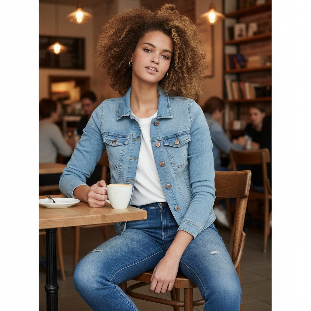 Antique Rose Boutique light blue denim jacket with button fastening and chest pockets worn by a woman in a cafe