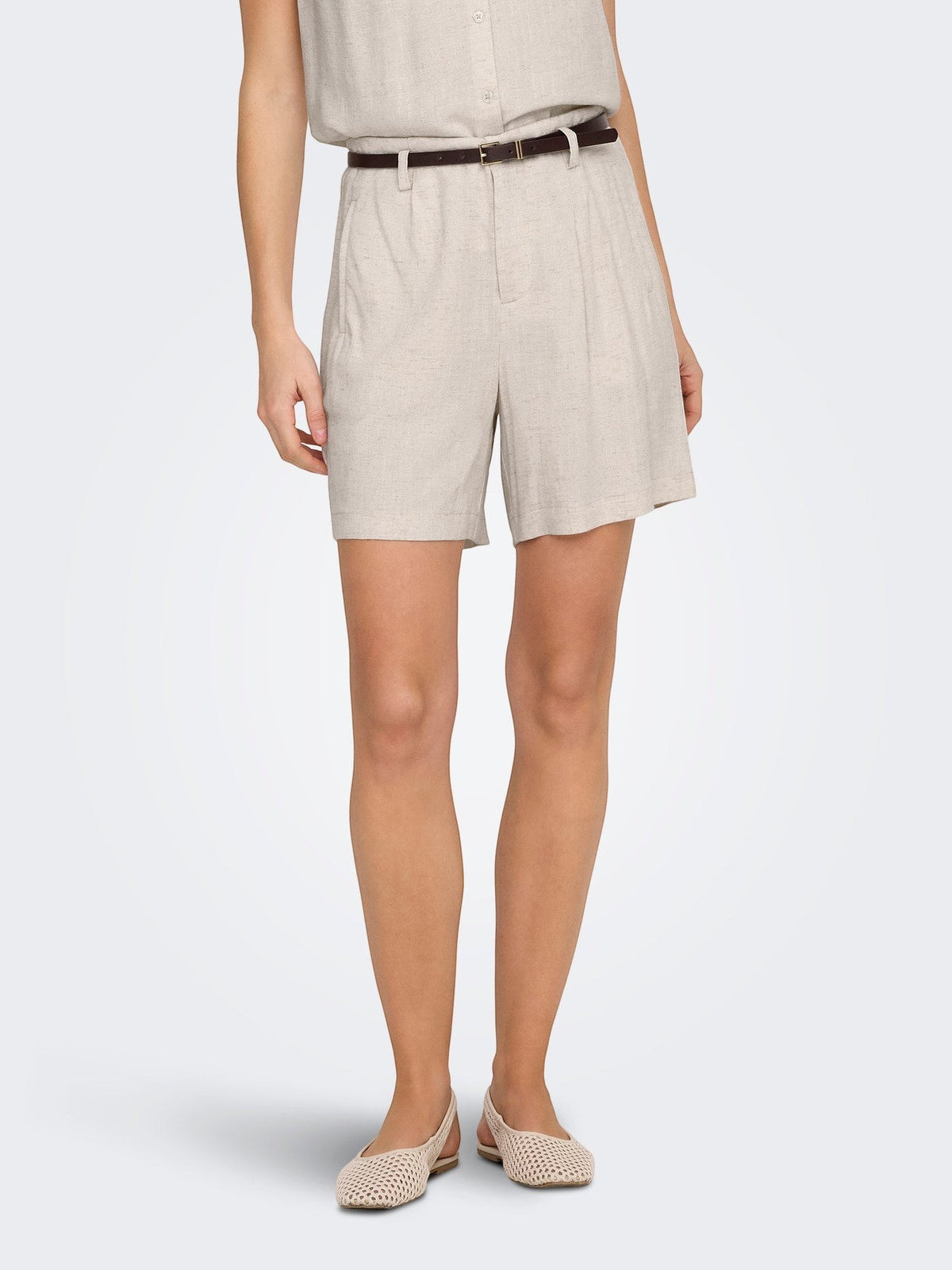 Antique Rose Boutique Siesta linen-mix Bermuda shorts in moonbeam cream with a belted waist and pleated front detail.
