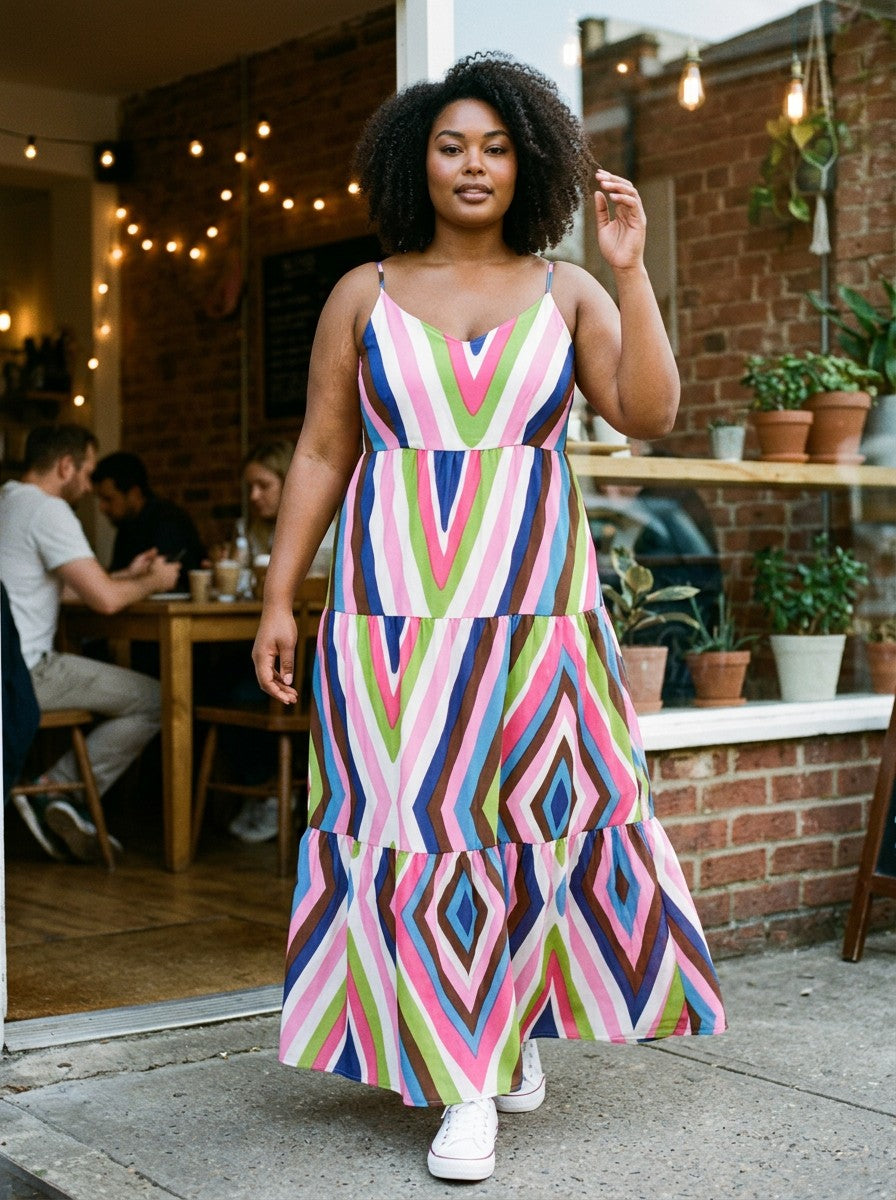 Antique Rose Boutique multicolour striped maxi dress with thin straps and tiered skirt worn by a woman outdoors.