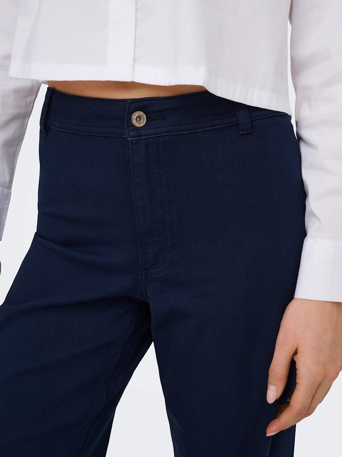 Antique Rose Boutique navy blue high-waisted wide-leg cotton mix denim trousers with button closure