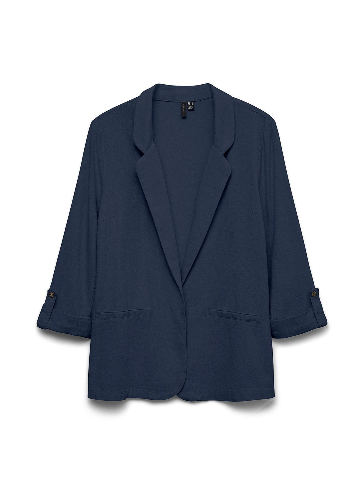 Antique Rose Boutique navy blue loose blazer made from LENZING ECOVERO viscose and linen with 3/4 sleeves.
