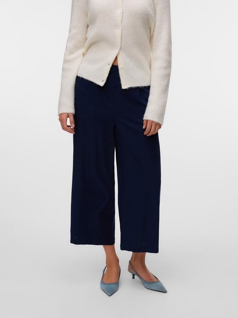 Antique Rose Boutique navy linen mix culotte trousers with a high elasticated waist and wide leg calf-length fit.