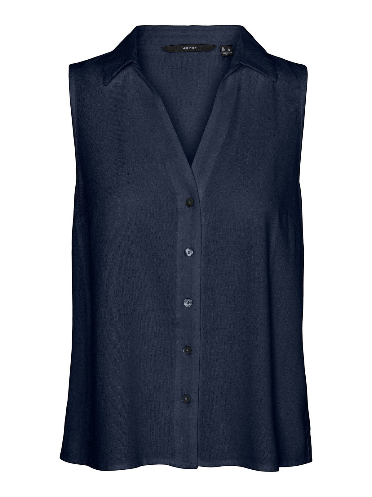 Antique Rose Boutique Vero Moda navy blue sleeveless linen-mix shirt with a V-neck and button-down front.