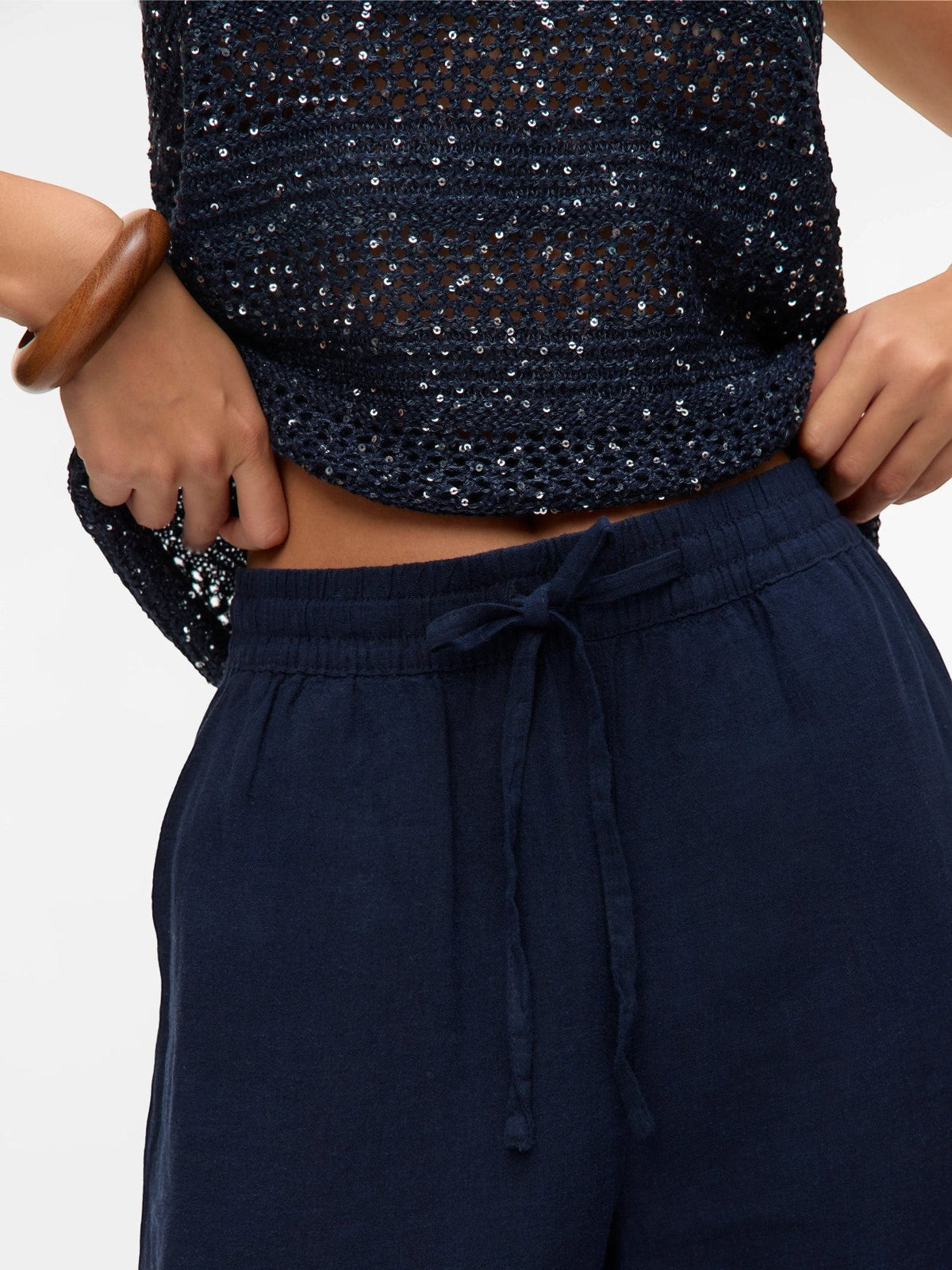 Antique Rose Boutique navy blue linen mix wide leg trousers with an elasticated drawstring waist