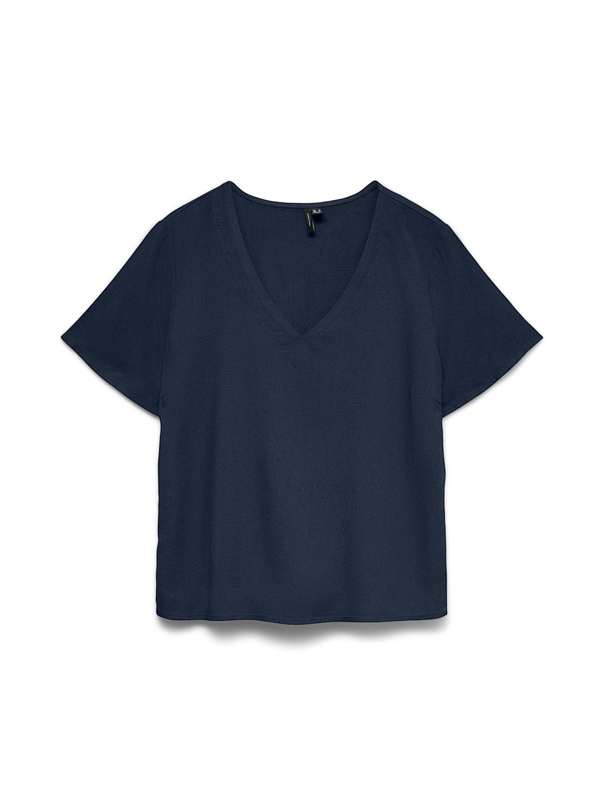 Antique Rose Boutique Vero Moda navy blue V-neck top in a breathable linen-mix fabric with short sleeves.