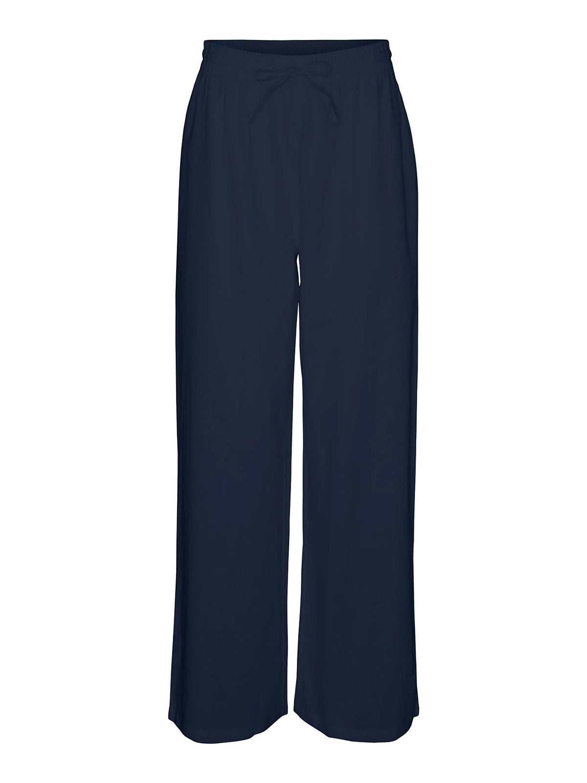 Antique Rose Boutique navy blue linen mix wide-leg trousers with an elasticated drawstring waist and front pockets.