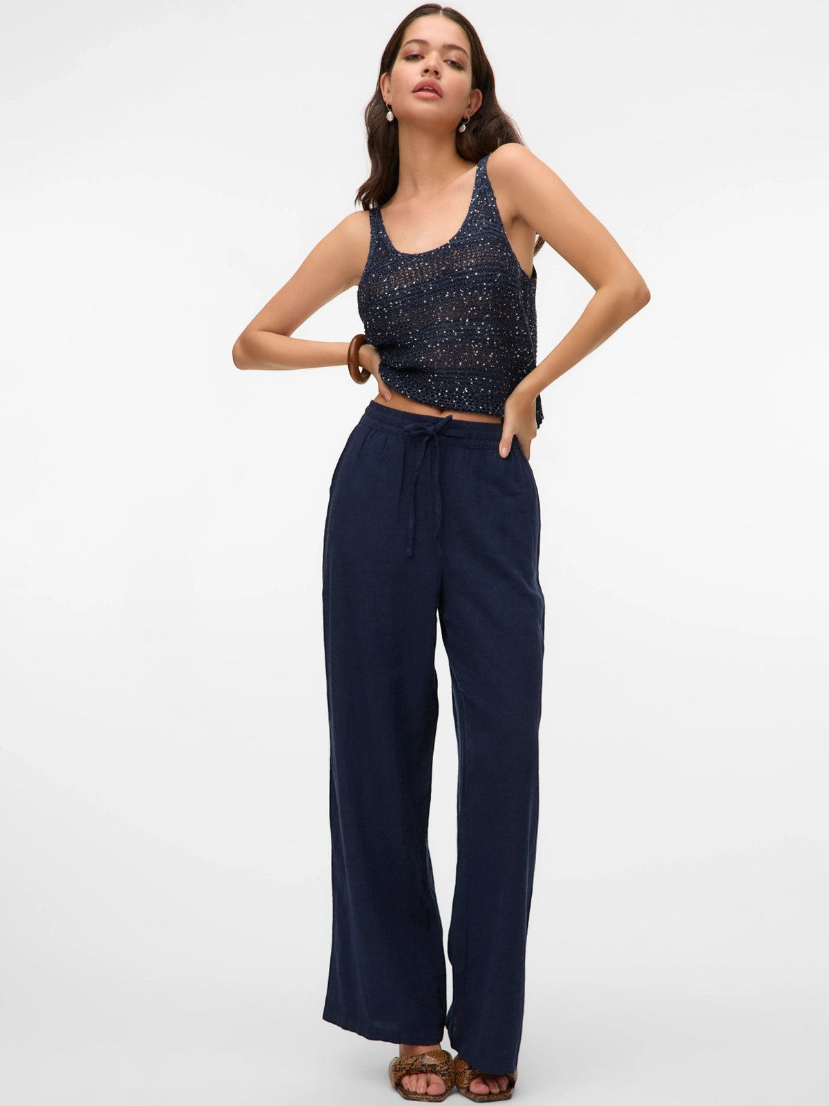Antique Rose Boutique navy blue linen mix wide leg trousers with an elasticated drawstring waist and front pockets