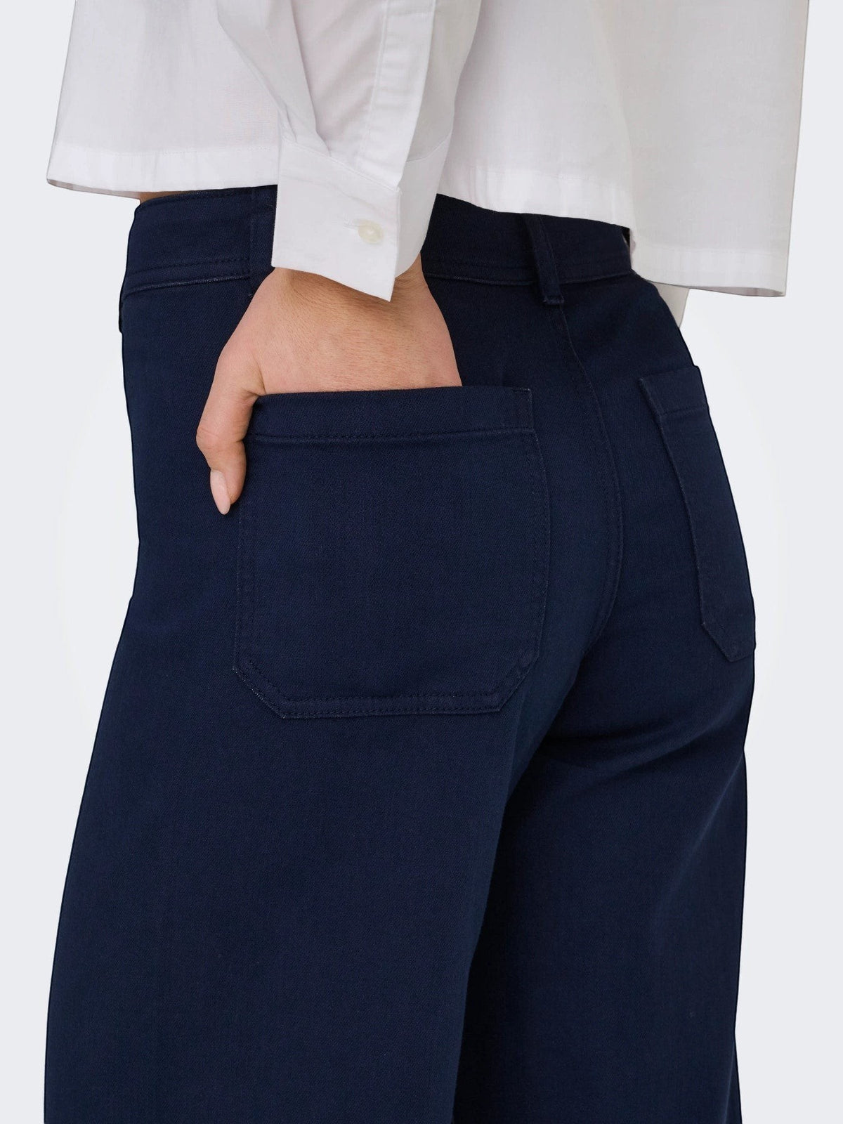 Antique Rose Boutique navy blue wide leg denim trousers with high waist and back pocket detail
