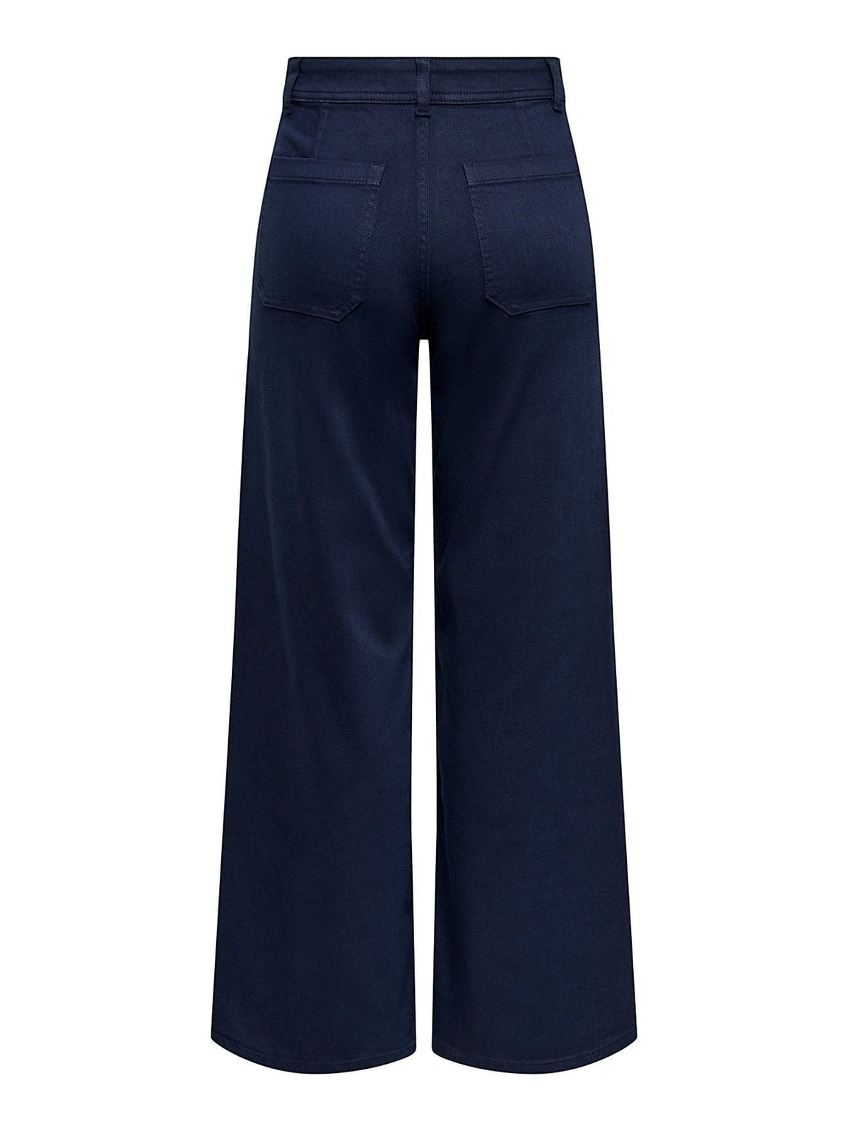 Antique Rose Boutique navy blue wide leg denim trousers with a high waist and back pockets, cotton mix fabric.