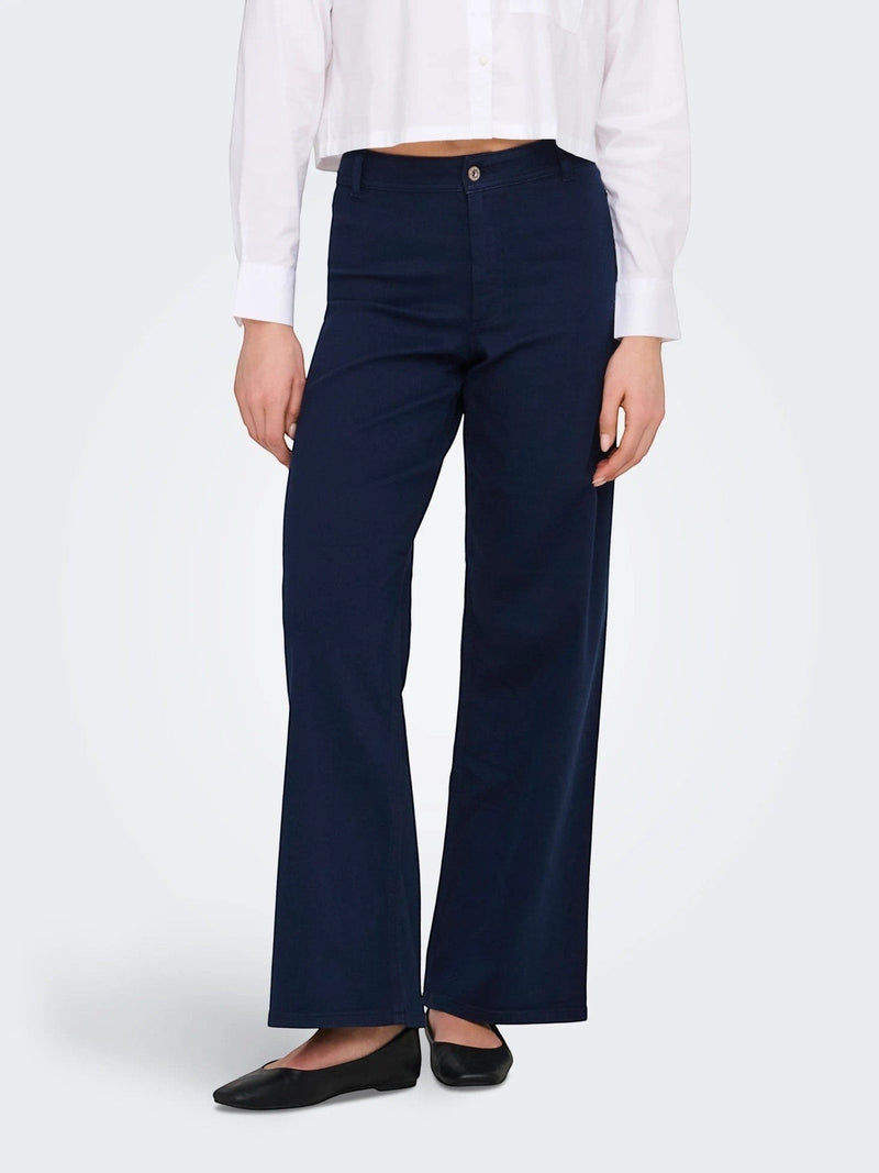 Antique Rose Boutique navy blue high-waisted wide-leg cotton mix denim trousers paired with a white shirt