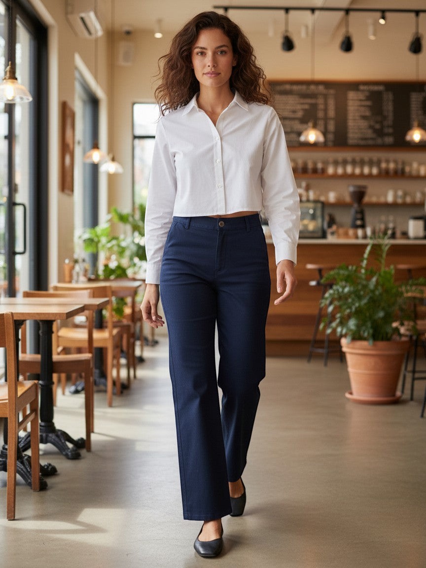 Antique Rose Boutique navy blue wide leg high waist trousers worn by a woman with a white shirt in a cafe