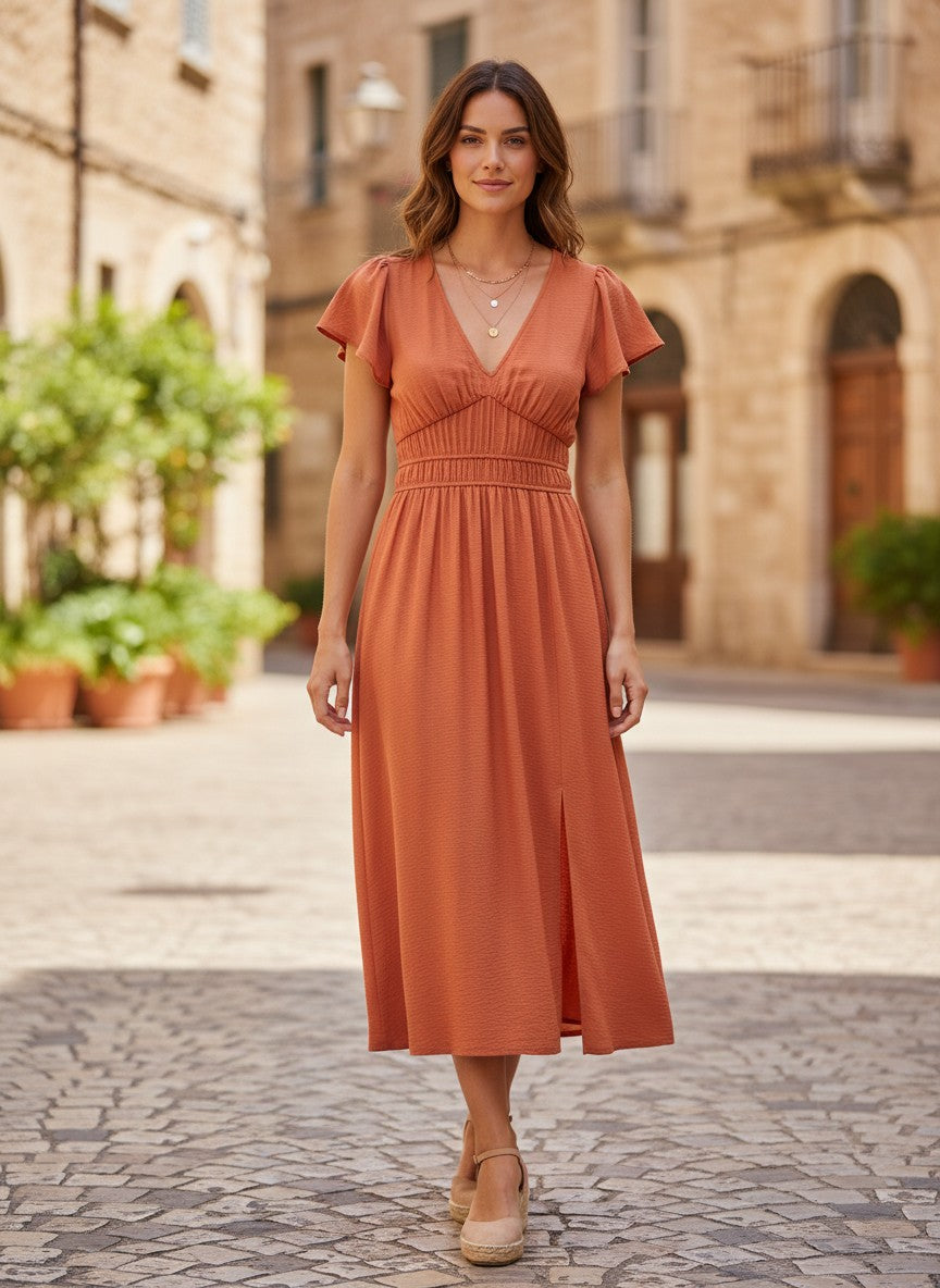 Antique Rose Boutique Vero Moda Nellie midi dress in langoustino orange with V-neck, smocked waist, and side slit.