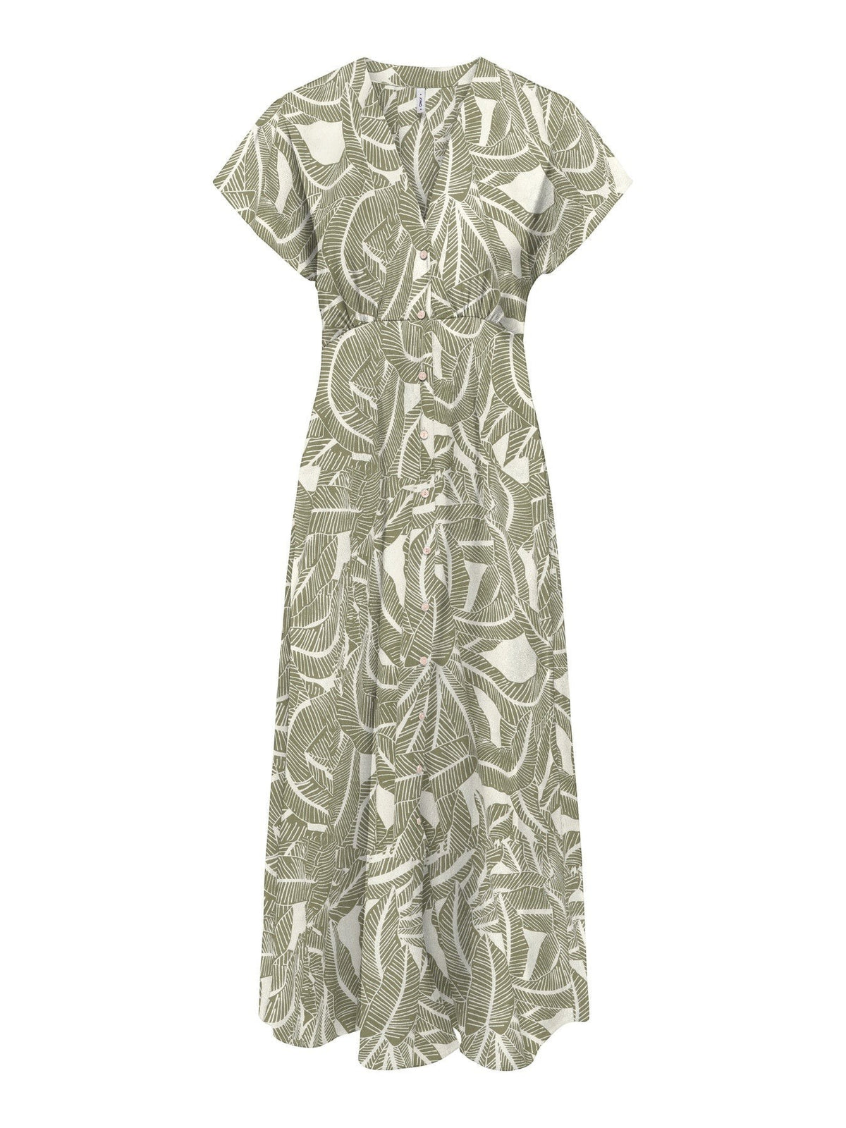 Antique Rose Boutique olive green and white botanical leaf print midi dress with V-neck and button-down front.