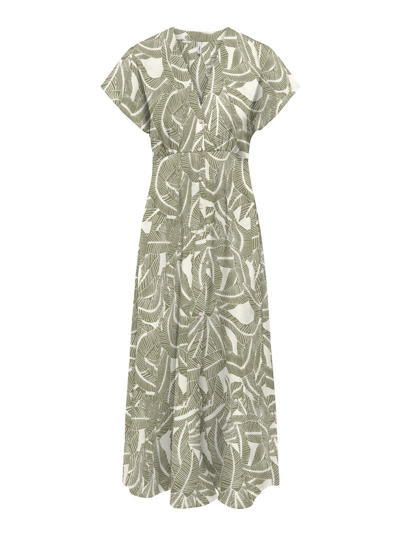 Antique Rose Boutique olive green and white botanical leaf print midi dress with V-neck and button-down front.