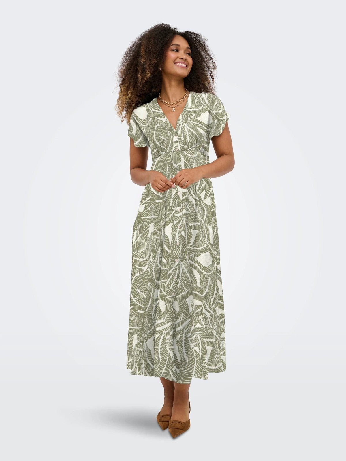 Antique Rose Boutique midi dress in olive green and white botanical leaf print with V-neck and flutter sleeves