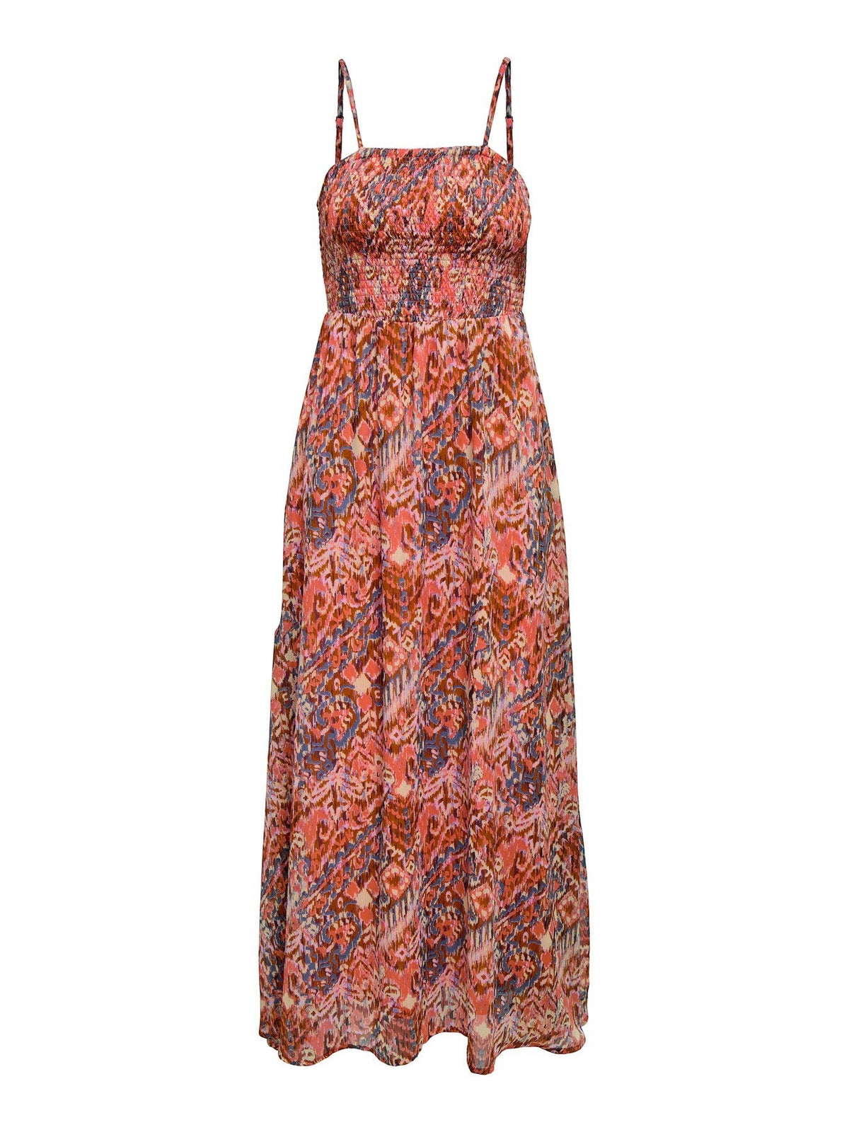 Antique Rose Boutique orange patterned sleeveless maxi dress with a smocked bodice and thin straps.