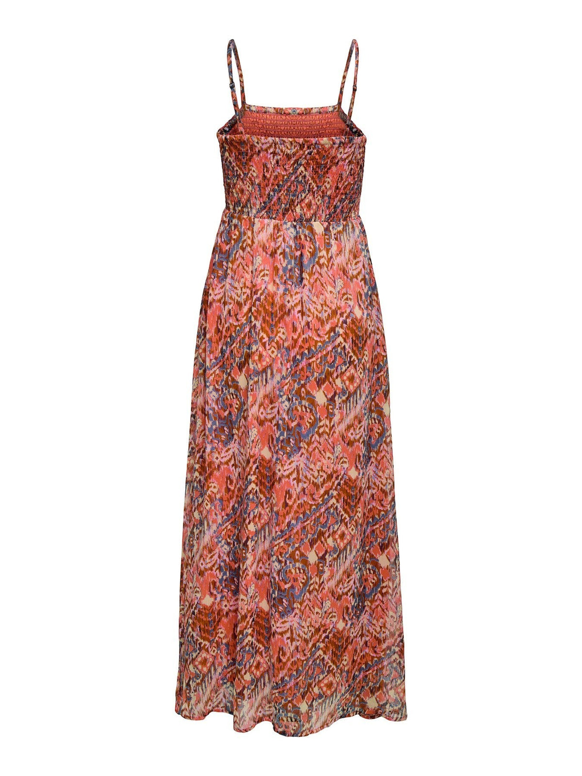 Antique Rose Boutique orange sleeveless maxi dress with V-neck, smock detail, and abstract woven pattern