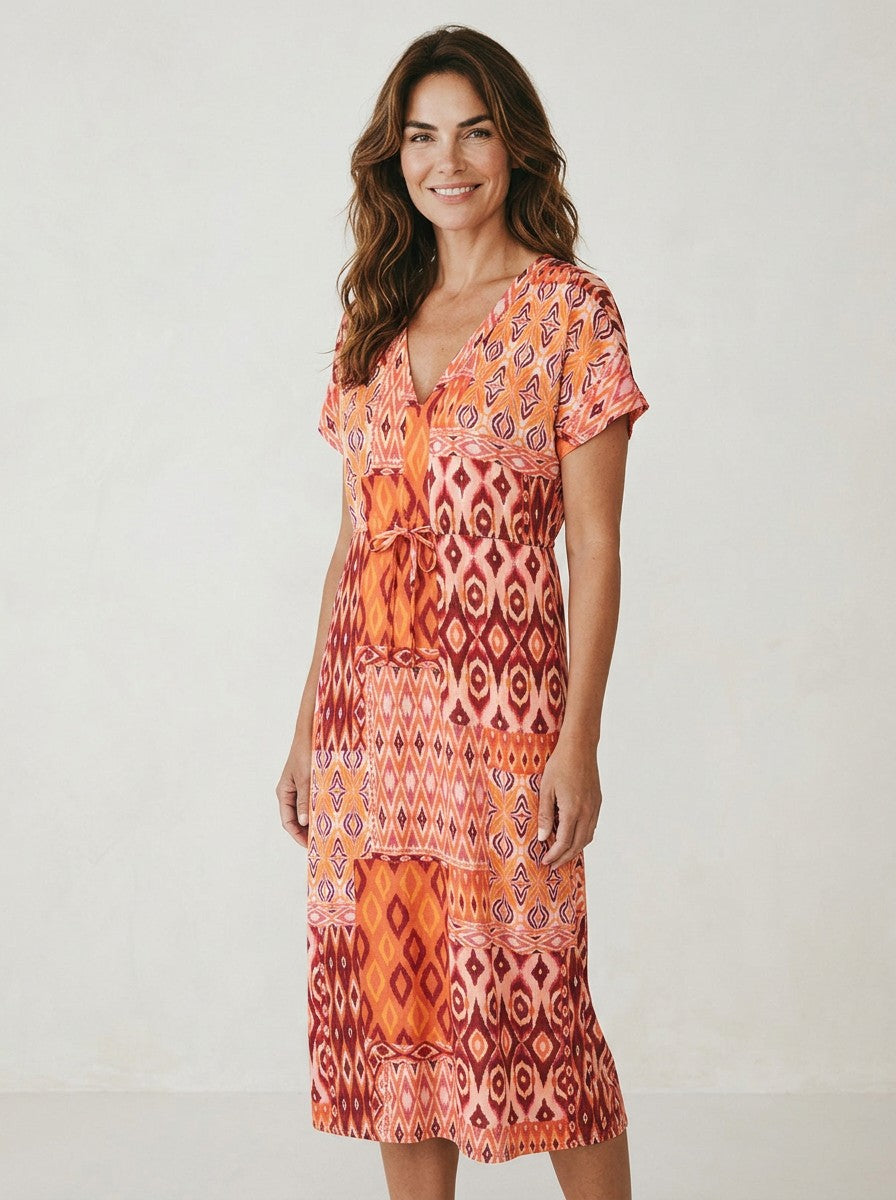 Antique Rose Boutique Vero Moda kaftan dress in orange and red patchwork print with V-neck and tie waist
