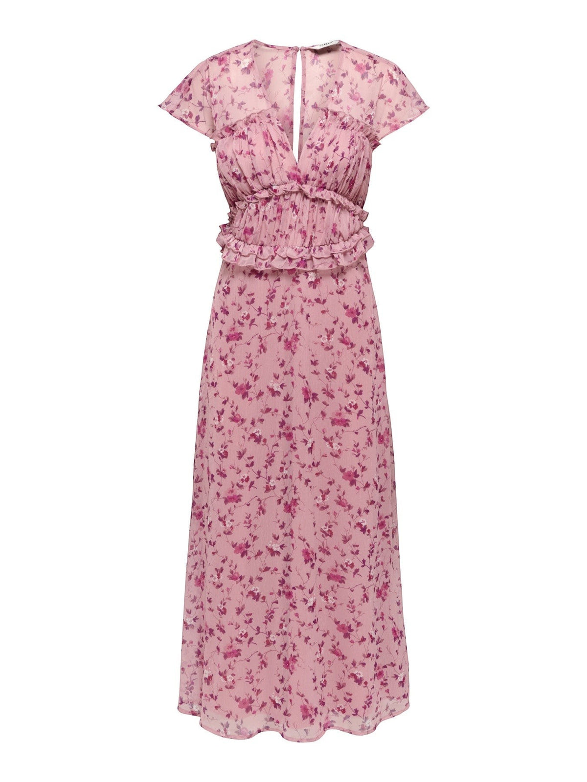 Antique Rose Boutique pink floral chiffon long dress with short sleeves, V-neck, and frill details.