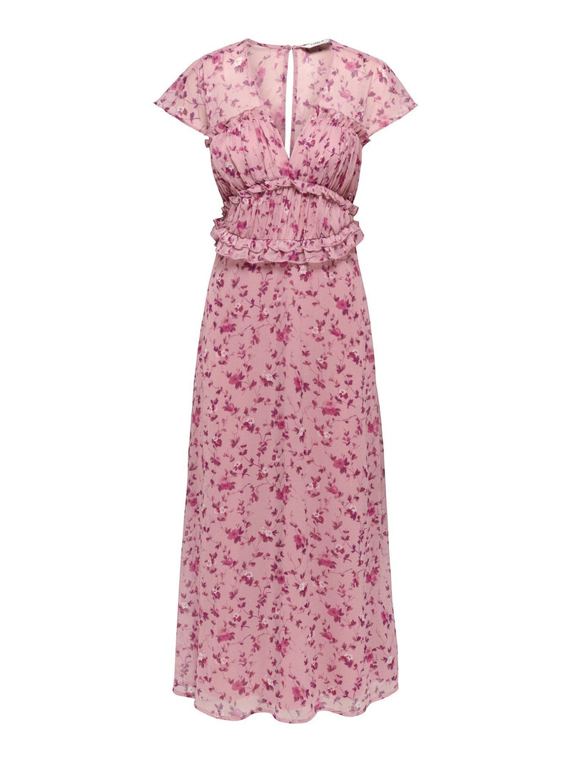 Antique Rose Boutique pink floral chiffon long dress with short sleeves, V-neck, and frill details.