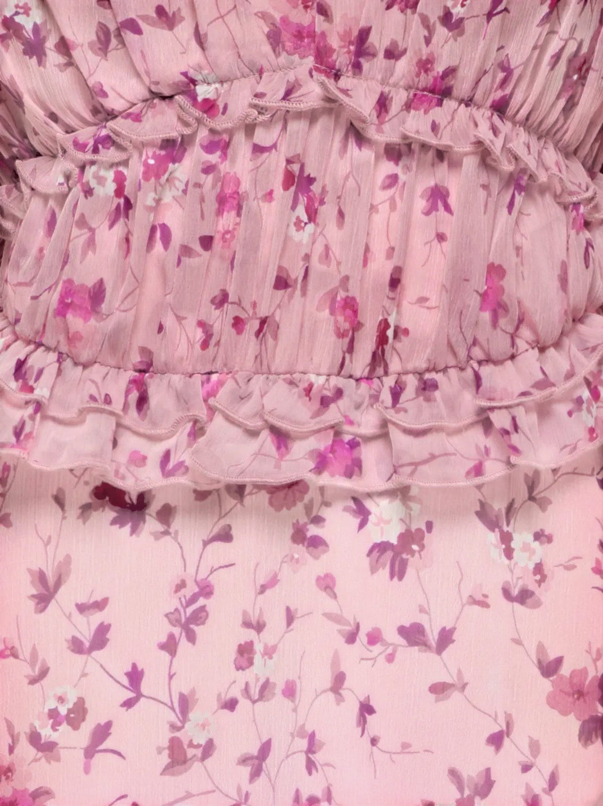 Antique Rose Boutique pink chiffon long dress with floral print and delicate frill detailing
