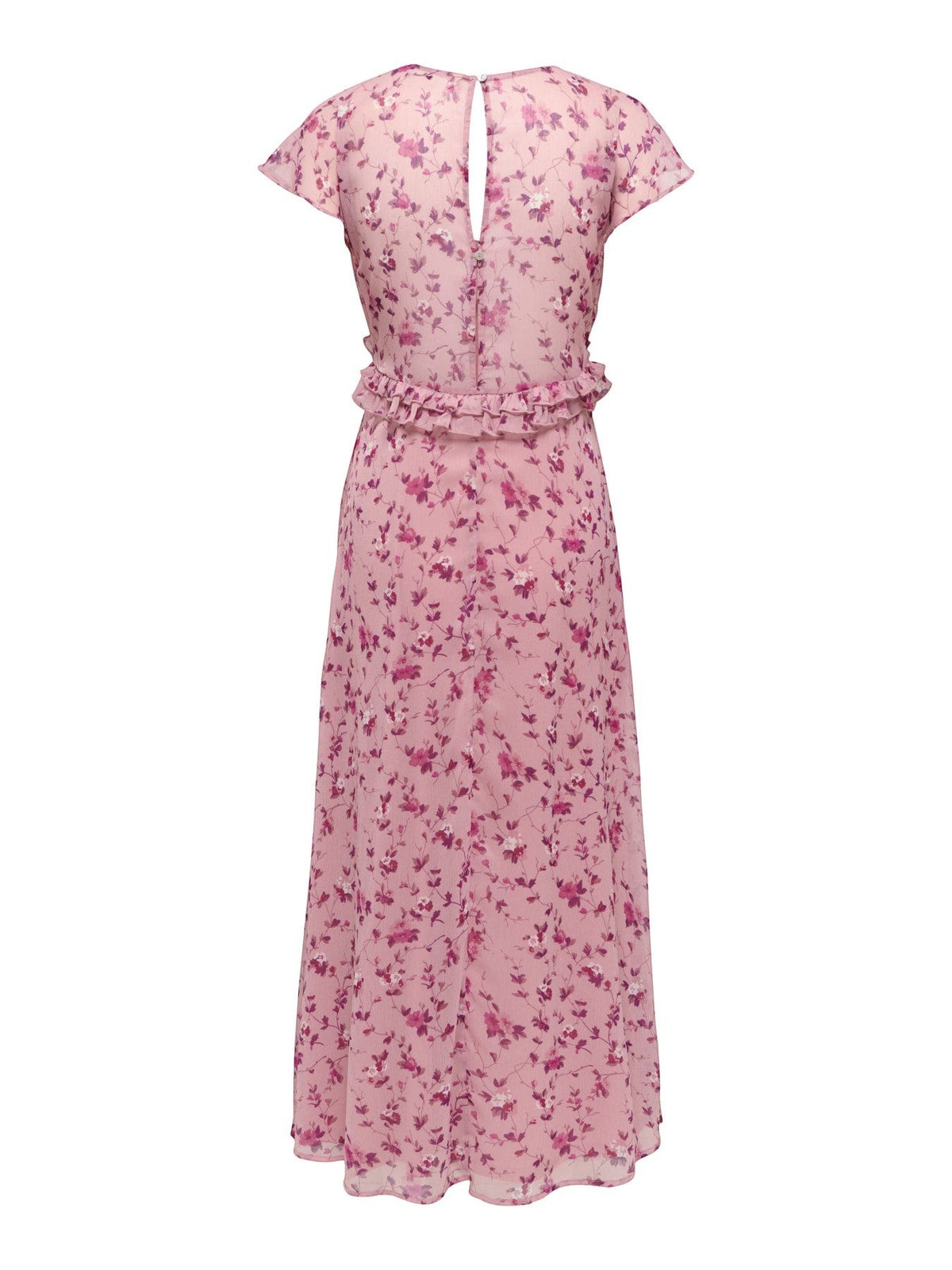 Antique Rose Boutique pink floral chiffon long dress with short sleeves, frill waist detail, and back keyhole opening.