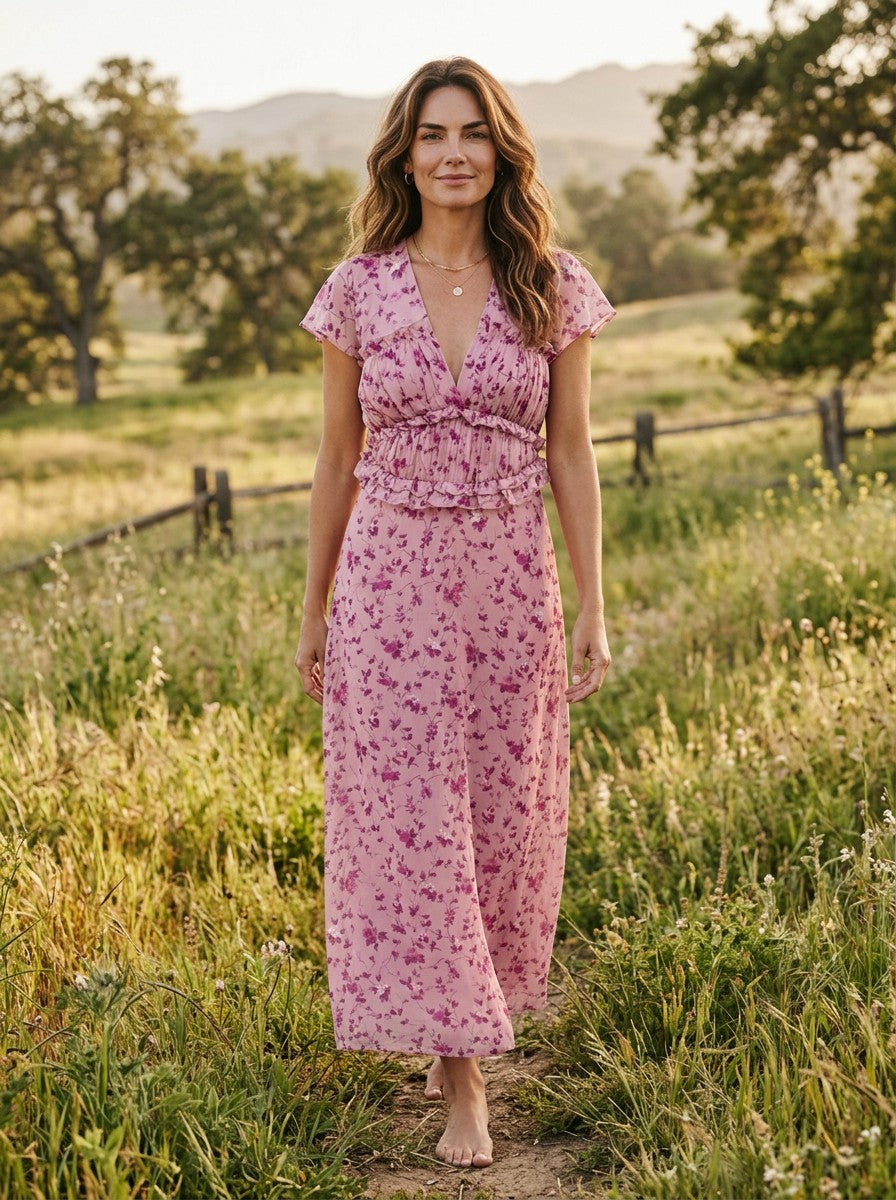 Antique Rose Boutique pink floral chiffon long dress with short sleeves, V-neck, and frill details in a field.