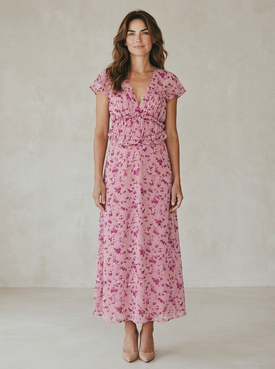Antique Rose Boutique pink floral chiffon long dress with V-neck, short sleeves, and frill details on a model.