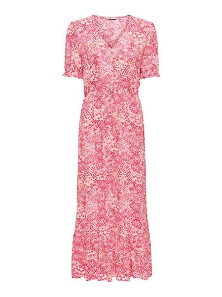 Antique Rose Boutique pink geometric print midi dress with V-neckline and ruffled short sleeves.