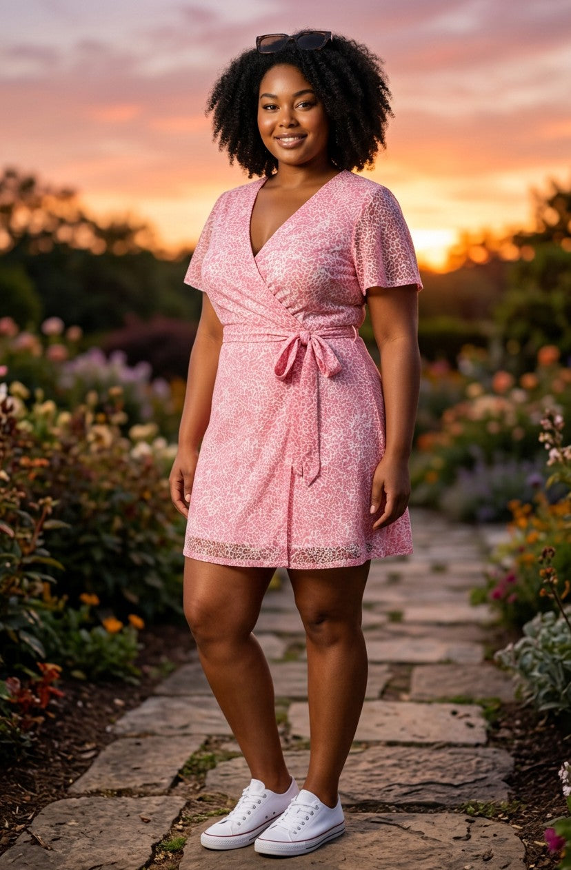 Antique Rose Boutique pink animal print wrap mini dress with short sleeves worn by a woman in a garden at sunset.