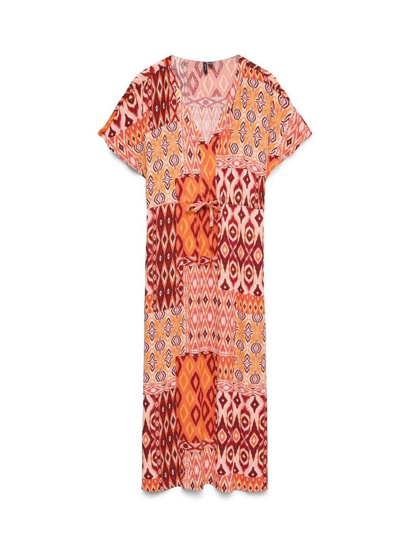 Antique Rose Boutique midi dress in orange and red geometric patchwork print with V-neck and drawstring waist
