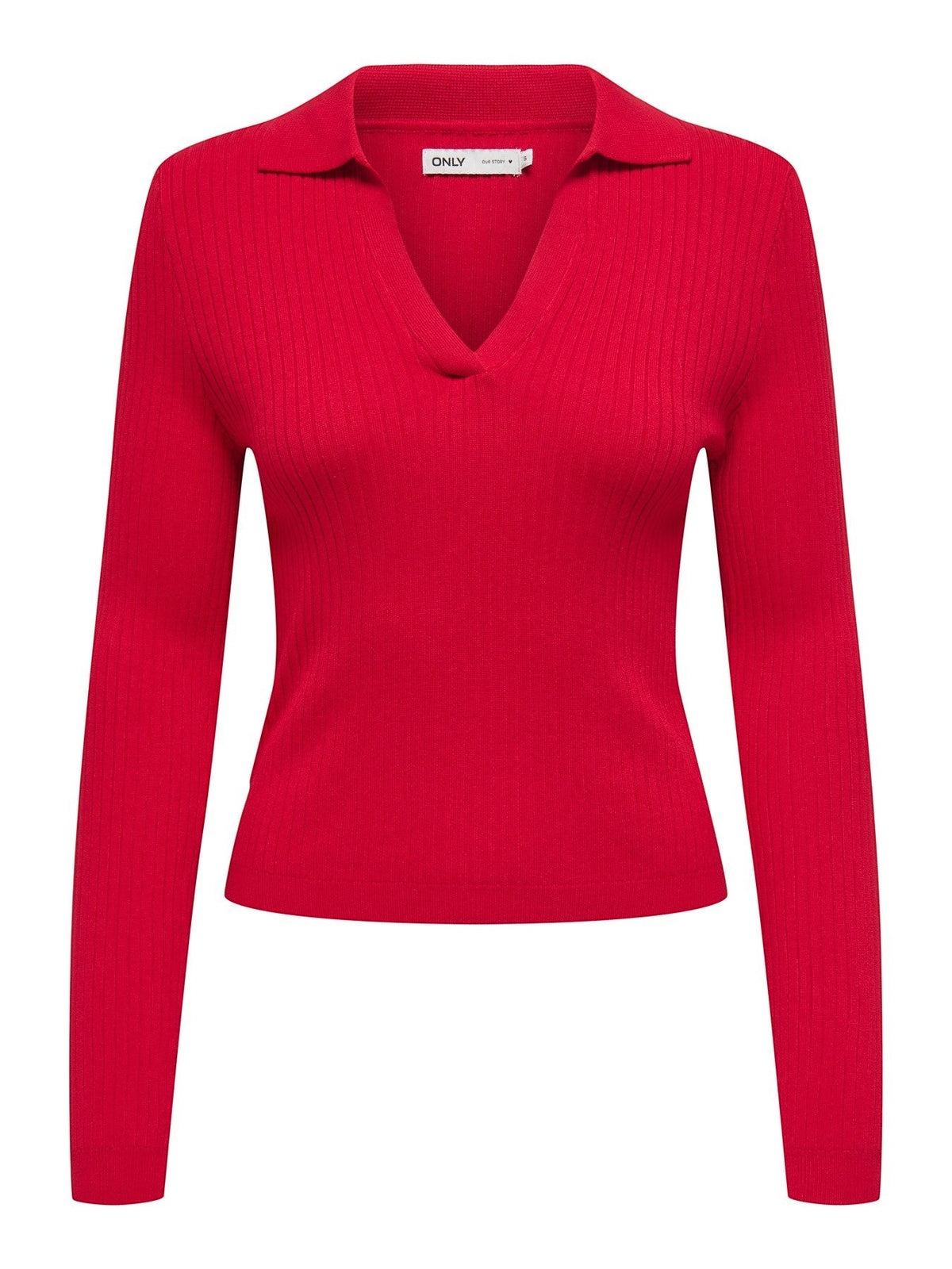 Antique Rose Boutique KAYA racing red long sleeve polo top in ribbed viscose knit with a regular fit