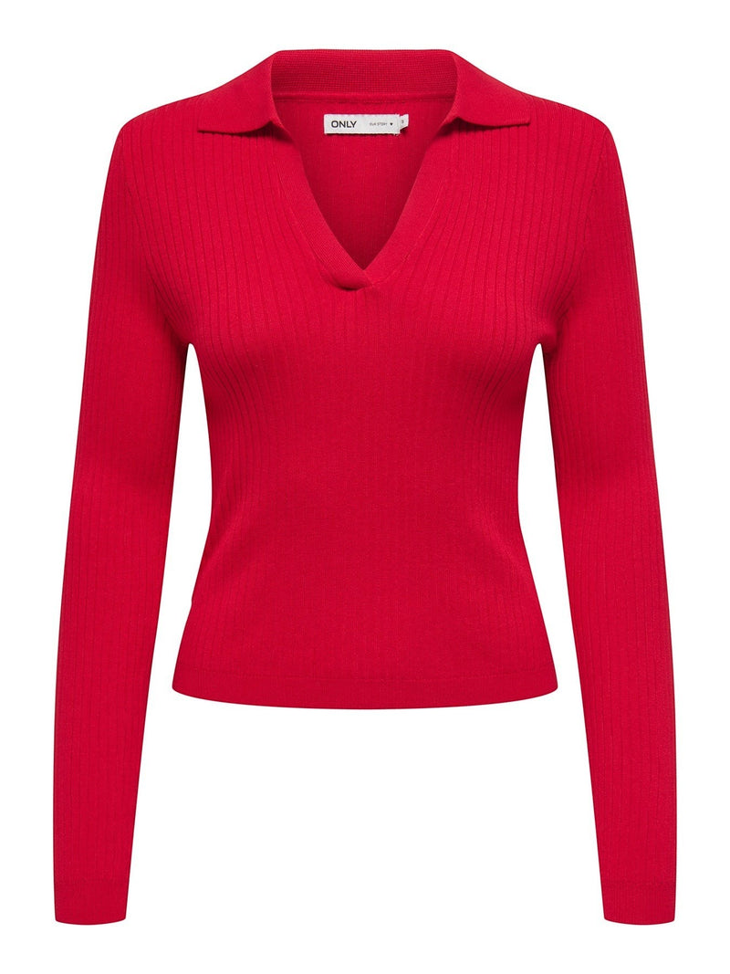 Antique Rose Boutique KAYA racing red long sleeve polo top in ribbed viscose knit with a regular fit