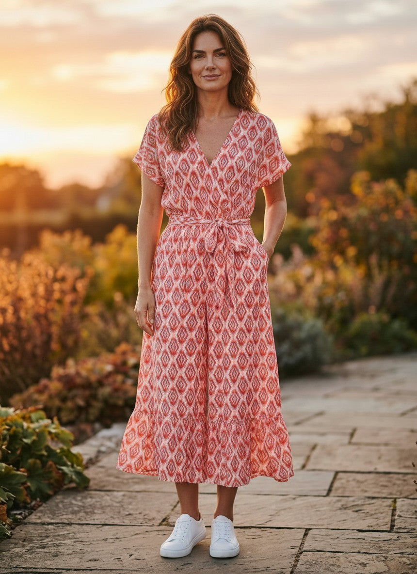 Antique Rose Boutique red diamond print ECOVERO viscose long dress with V-neck, short sleeves, and tie waist.