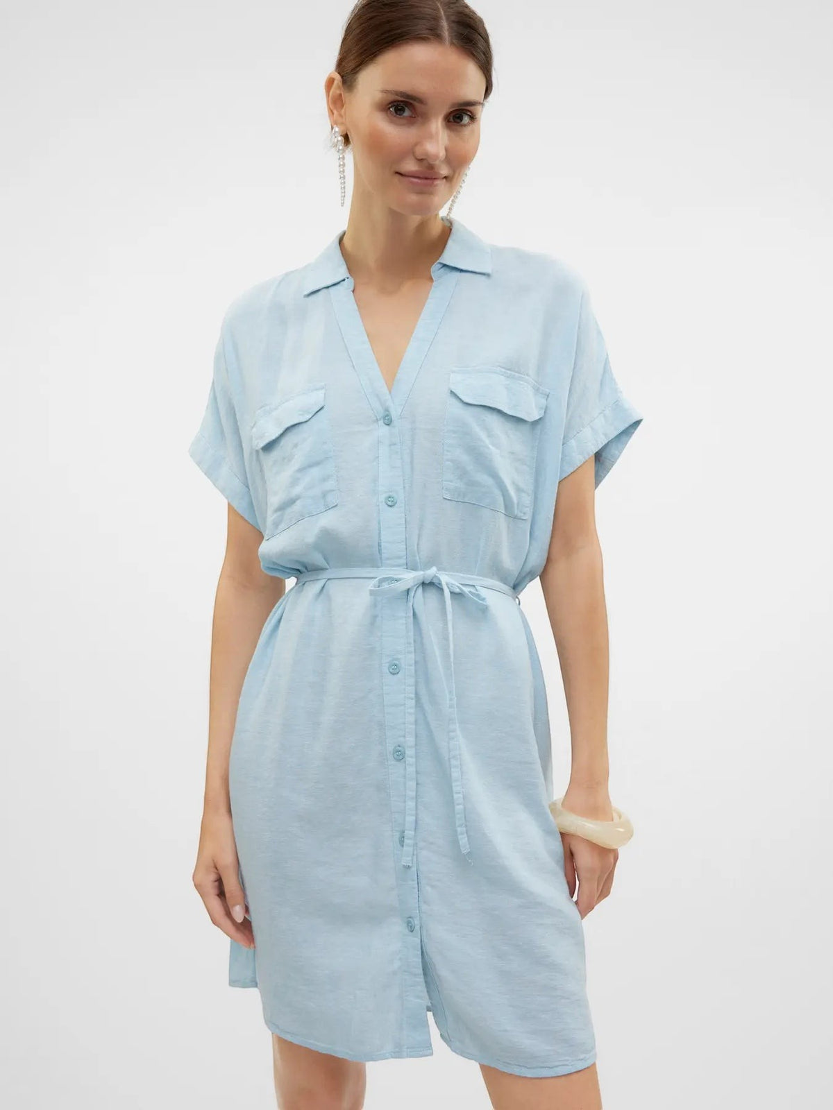 Antique Rose Boutique sky blue button-down shirt dress with short sleeves, chest pockets, and a tie-waist belt.