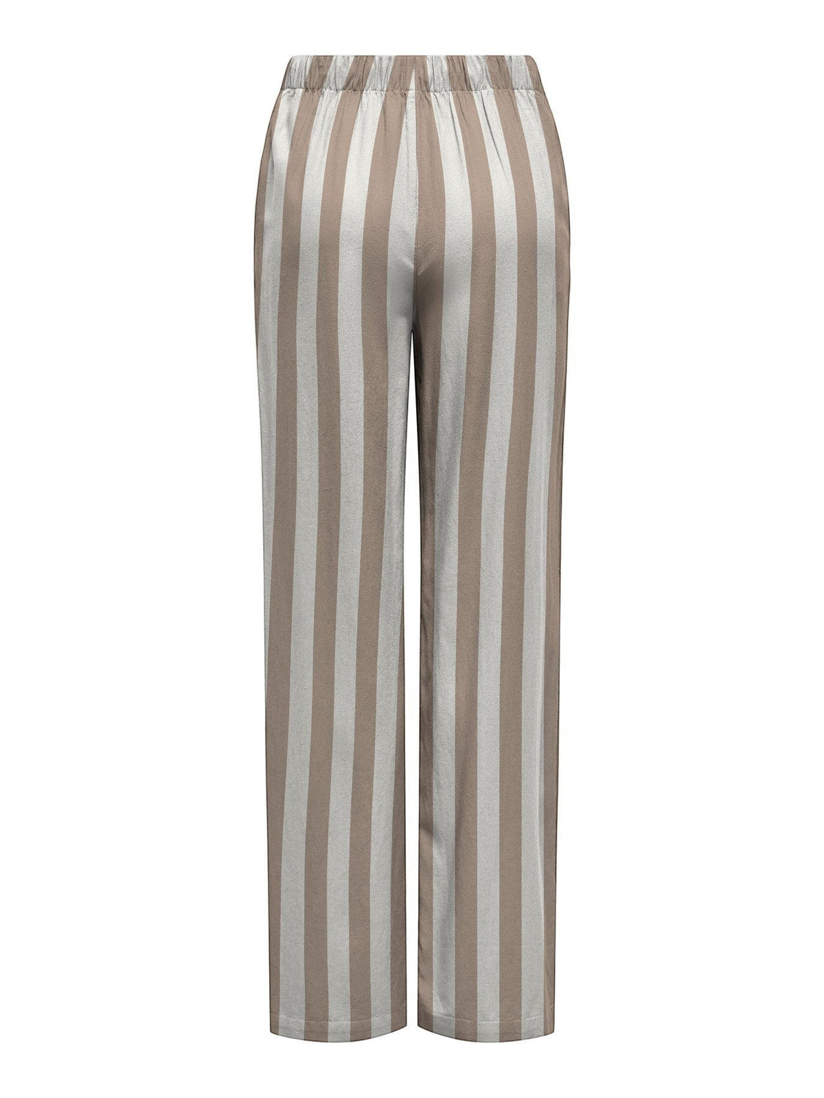 Antique Rose Boutique wide-leg linen trousers featuring neutral vertical stripes and an elasticated drawstring waist.