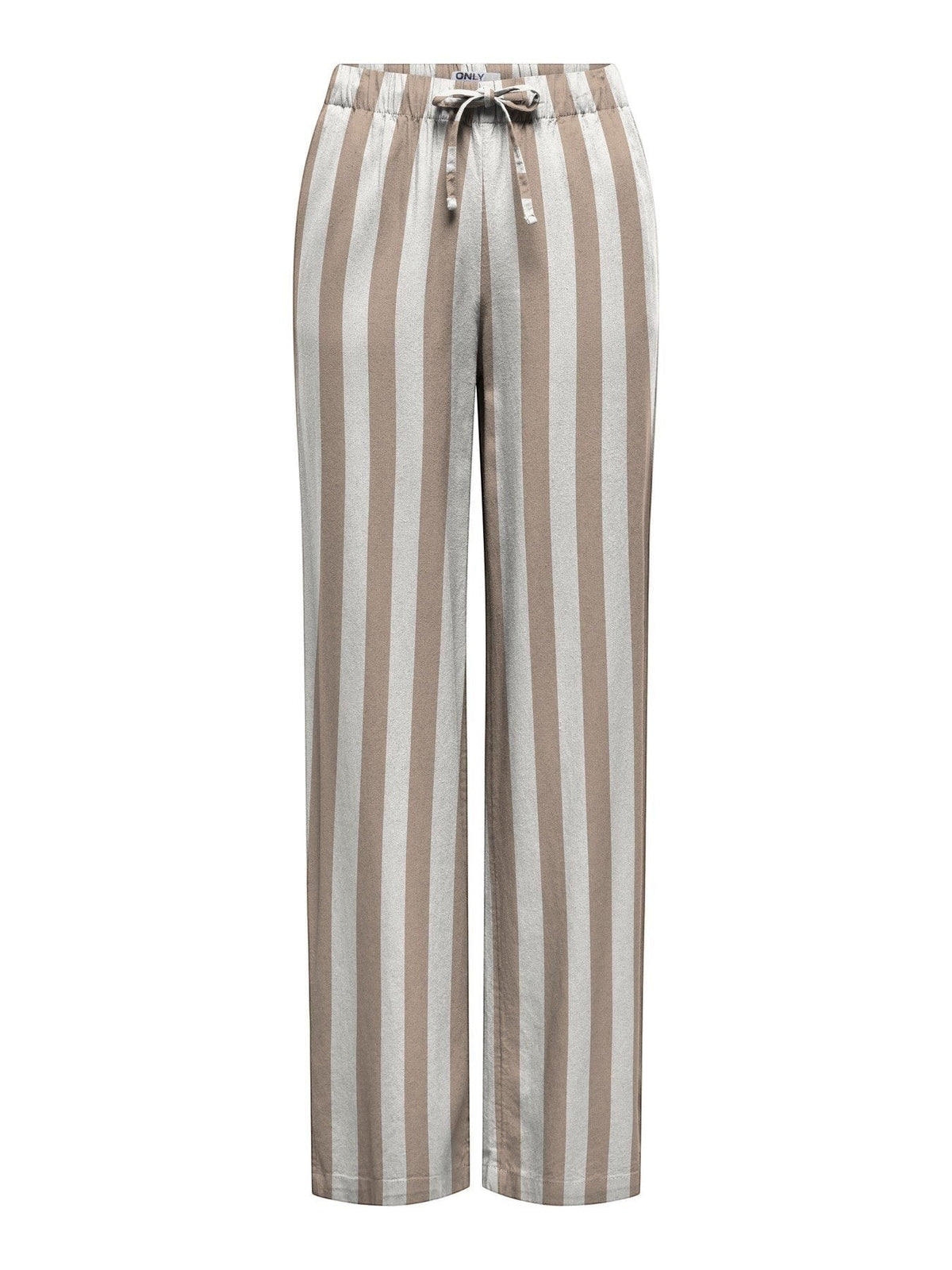 Antique Rose Boutique wide-leg linen trousers featuring neutral vertical stripes, an elastic drawstring waist, and pockets.