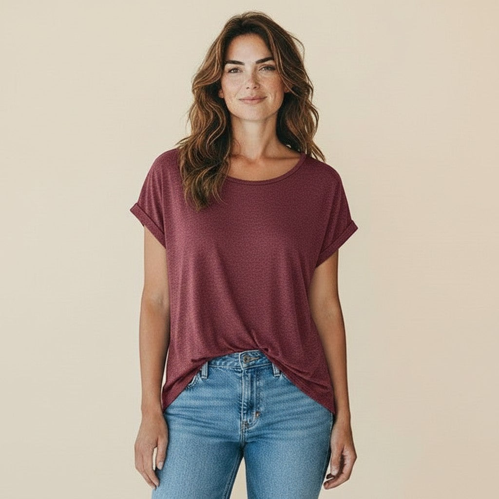 Antique Rose Boutique syrah red loose fit round neck t-shirt with subtle gold glitter stripes and cuffed sleeves