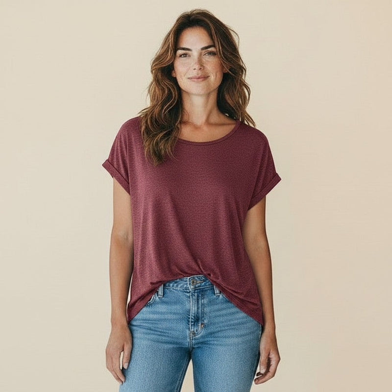 Antique Rose Boutique syrah red loose fit round neck t-shirt with subtle gold glitter stripes and cuffed sleeves