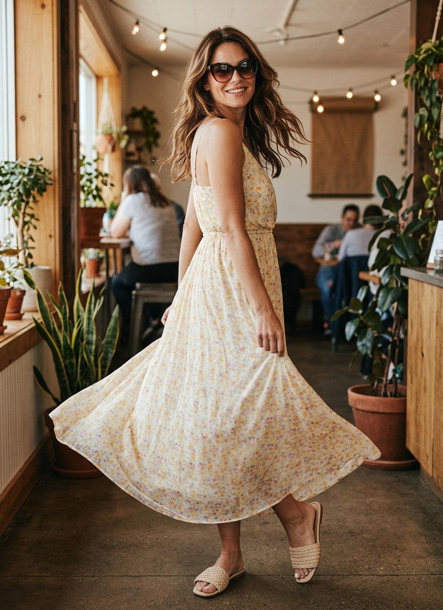 Antique Rose Boutique Vero Moda Smilla floral maxi dress in white and orange worn by a woman in a cafe