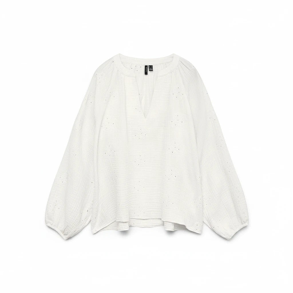 Antique Rose Boutique snow white long sleeve V-neck blouse in organic cotton with delicate anglaise embroidery