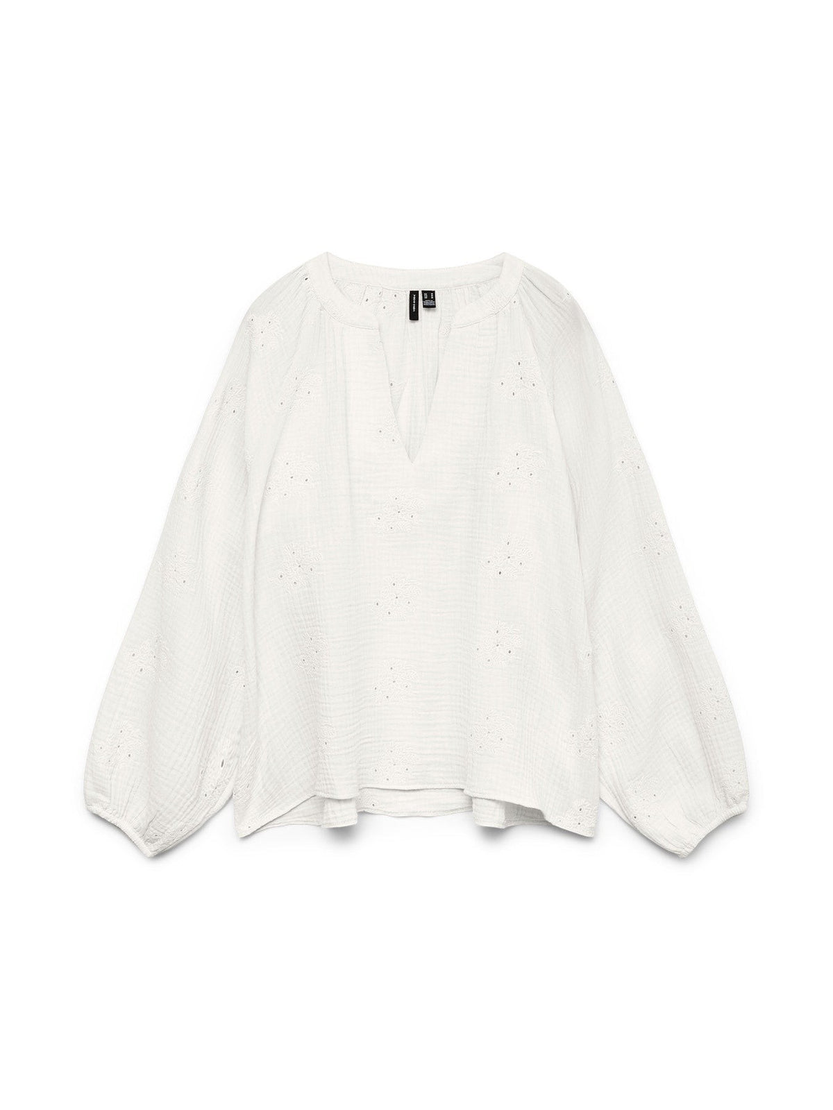 Antique Rose Boutique snow white long sleeve V-neck blouse featuring delicate embroidery anglaise in organic cotton